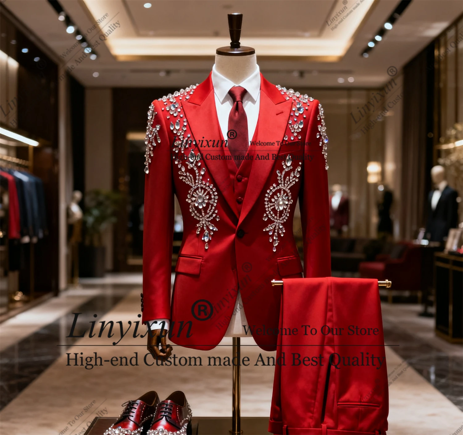 

Красивый мужской костюм с металлическими украшениями и бисером, комплект из 3 предметов, мужские пиджаки, тонкий костюм Homme, двубортный смокинг для жениха по индивидуальному заказу