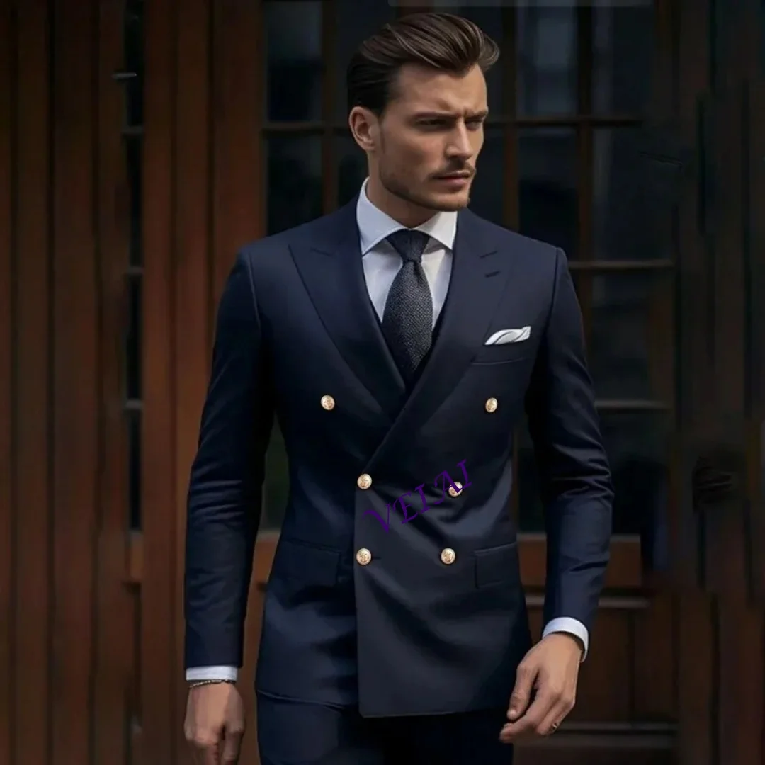 

CustomizedNavy blue double-breasted two-piece fashion business casual wedding party tuxedo solid men's suit elegant high-end