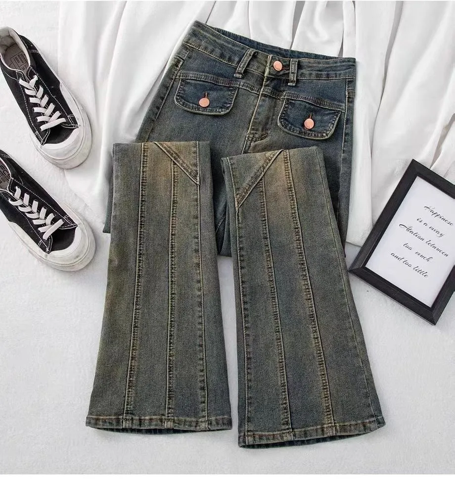 

Джинсы Bootcut, женские сексуальные модные офисные свободные эластичные расклешенные брюки, элегантные украшения, женские эстетические брюки на молнии, длинная эластичность