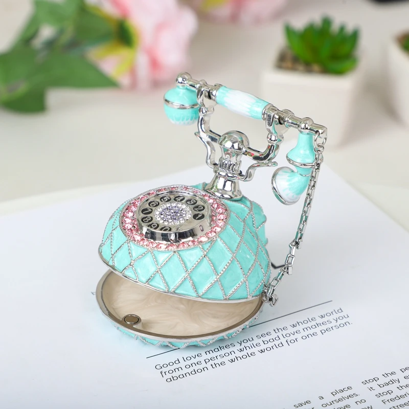 SHINNYGIFTS 100% HandPainted Telephone Shape Trinket Box Metal Enamel Home Decorative Gift Boxes