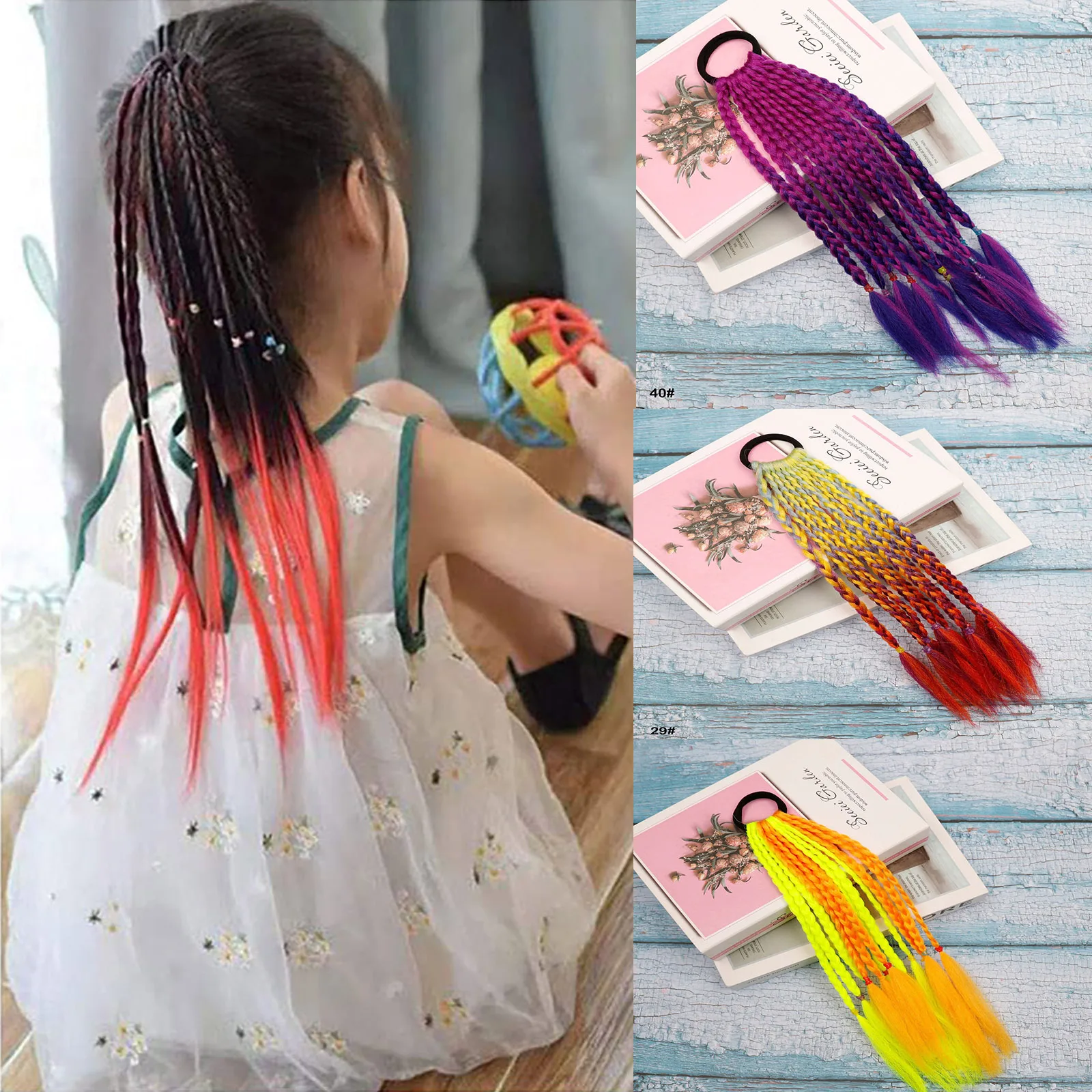 

Synthetic Short Hair Colored Braids Ponytails Hair Extension with Rubber Bands Ponytail for Kids Girls Hair Colorful Hairpiece