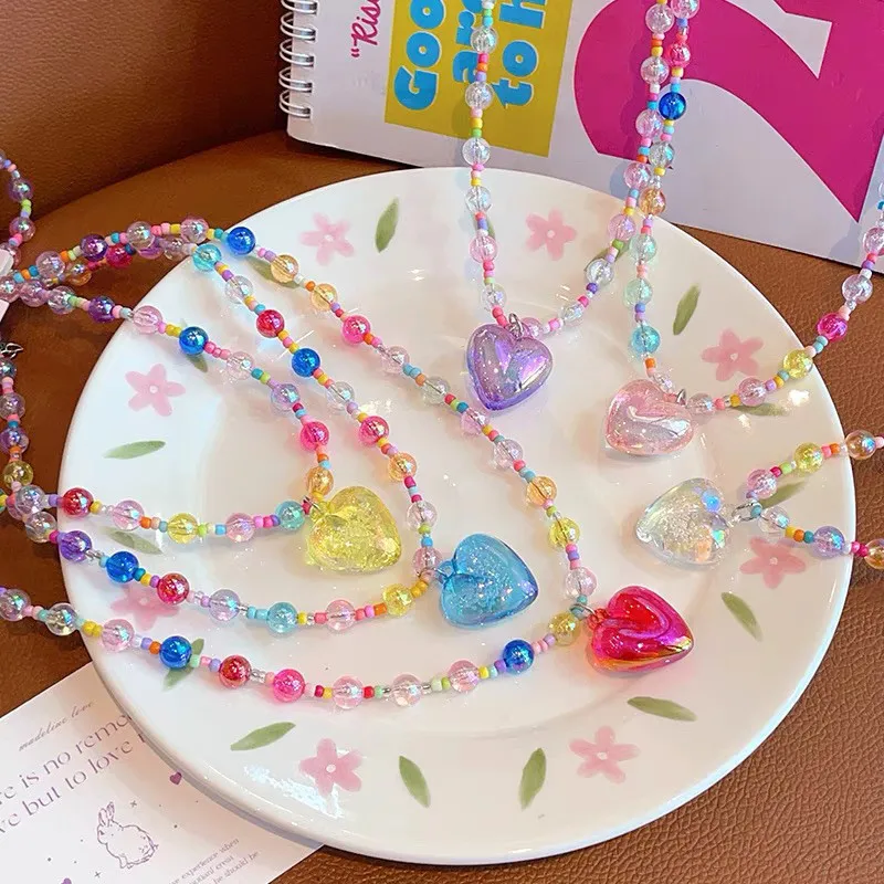 Cute Transparent Heart Shaped Princess Beaded Necklace for baby Girls cartoon Children Accessories Girls Choker Jewelry