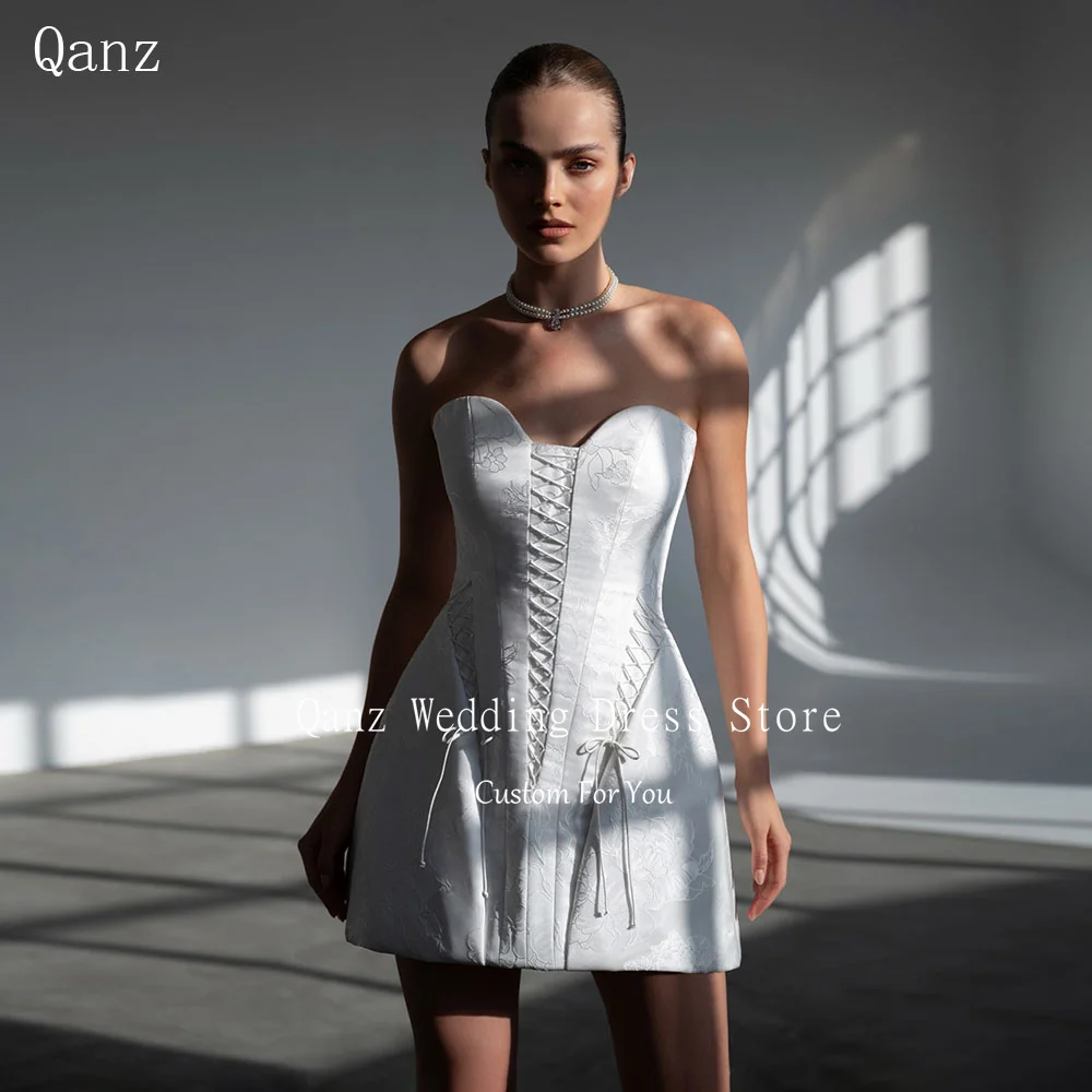 

Qanz Sexy Mini White Satin Wedding Dresses Women Sweetheart Above Knee Bridal Gowns Lace Up Vestido De Novia Civil Customized