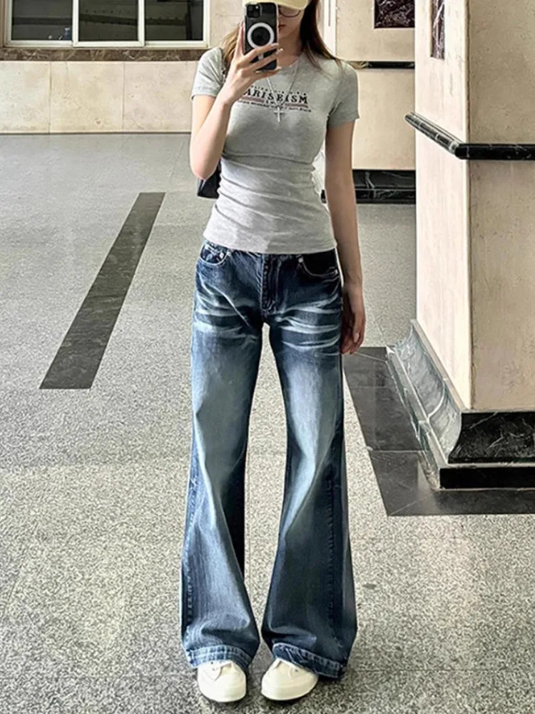 

Extended Length High Waist Slimming Micro Flare Jeans Women's Low Waist Faded American Retro Denim Pants Autumn Season