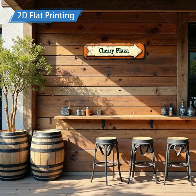 [2D FLAT] علامة معدنية قطعة واحدة، علامة سهم ريفية مقاس 4 × 16 بوصة "Cherry Plaza" فن معدني بطباعة مسطحة ثنائية الأبعاد