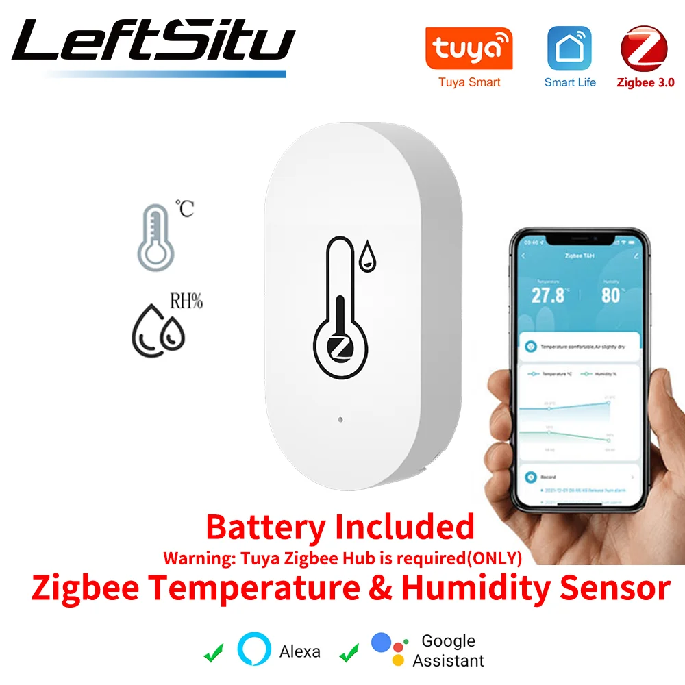 Tuya ZigBee Smart Temperature and Humidity Sensor Indoor Hygrometer Battery Powered Support Alexa Google Home Voice Control