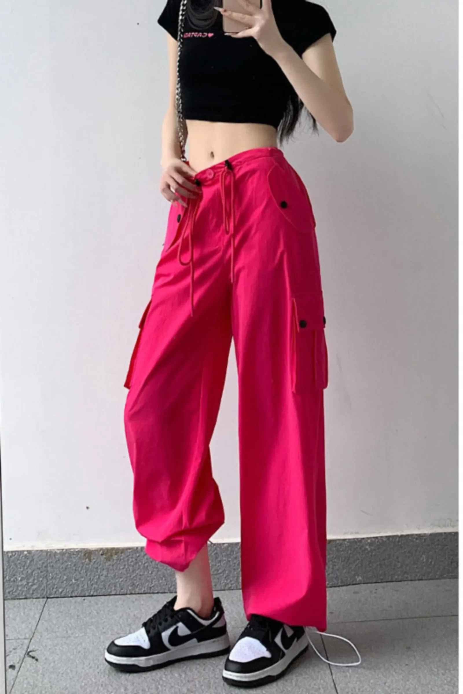 Y2K Pocket Baggy Cargo Pants for Women, Loose Trousers, Wide Leg, Pink Campus Female, Green, Grey, Black