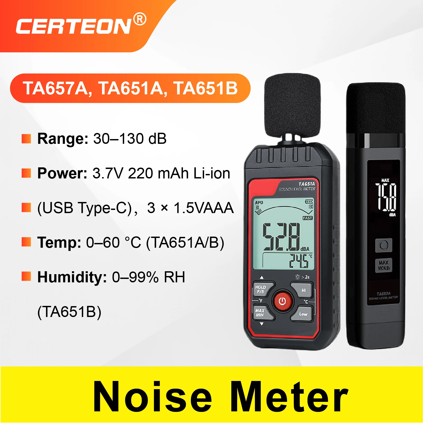 TA657A TA651A TA651B Noise Detector 30~130dB 2x Sec Decibel Meter Sound Level Meter Battery USB Charge For Environmental Use