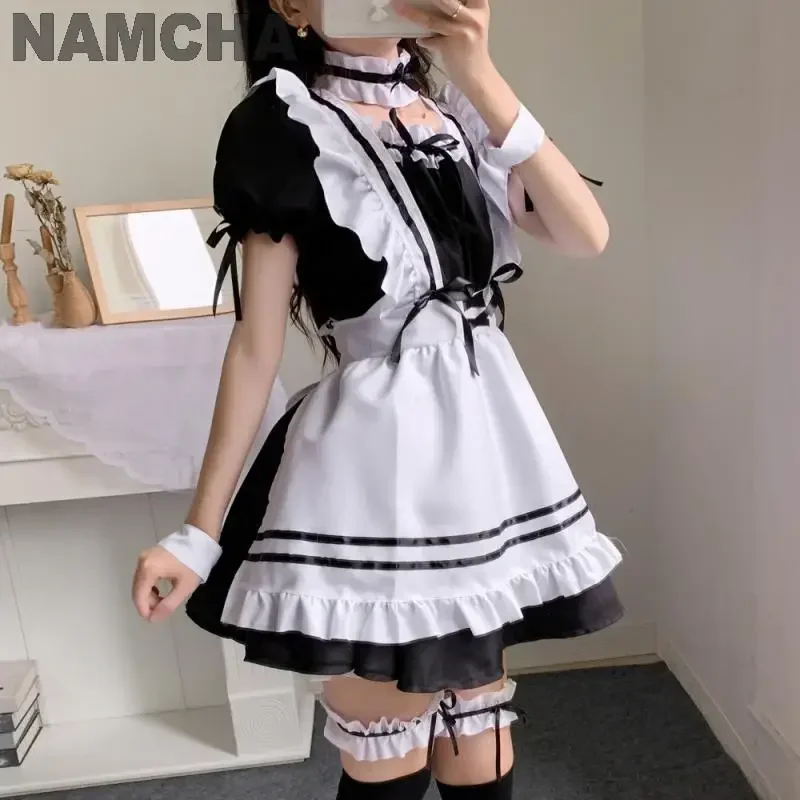 Black cute lolita dress for women girls sweet lovely pink maid outfit cosplay costume anime Halloween clothing suit 2024