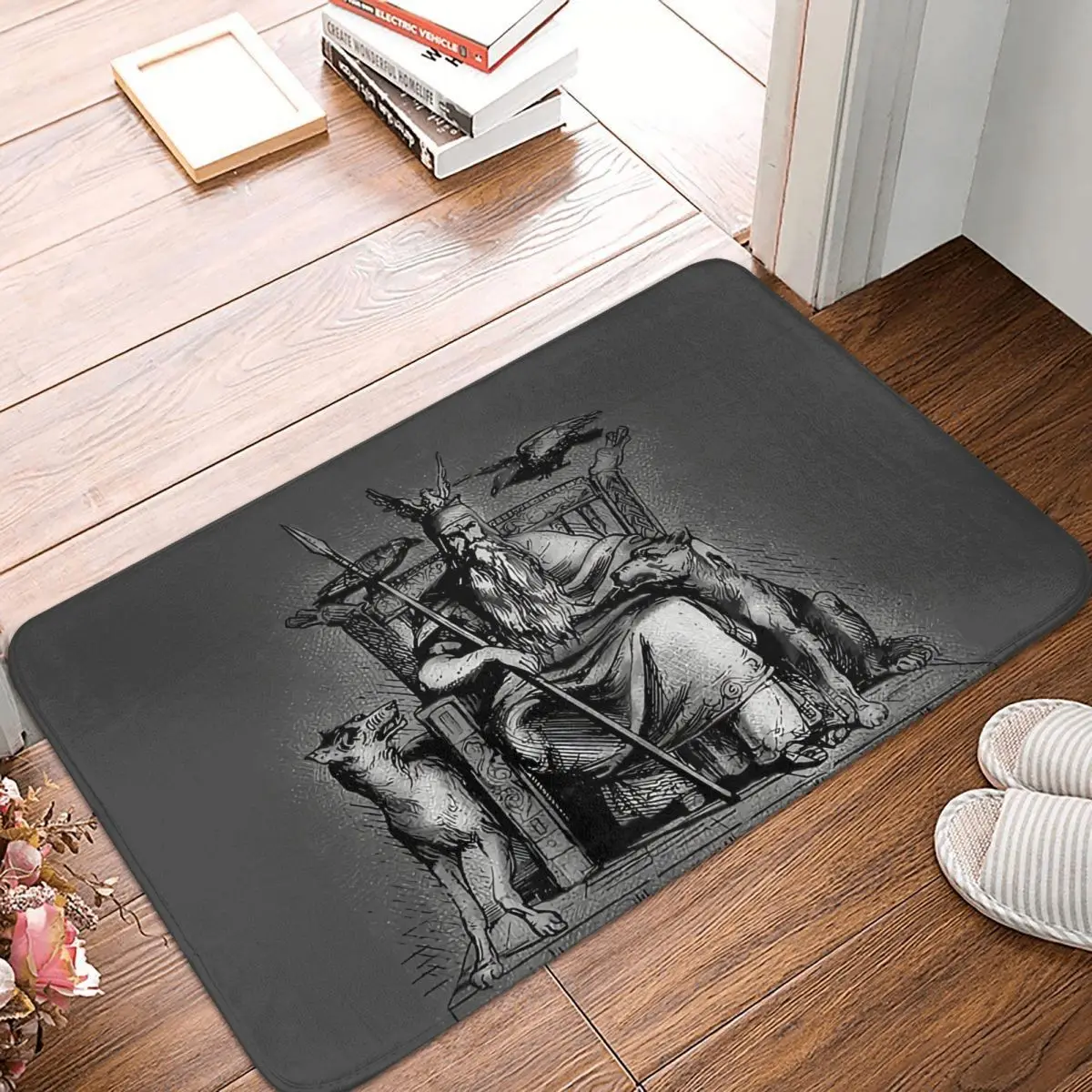 Mythology Bedroom Mat Odin On Throne With Huginn And Muninn Crows Ravens Doormat Living Room Carpet Outdoor Rug Home Decoration