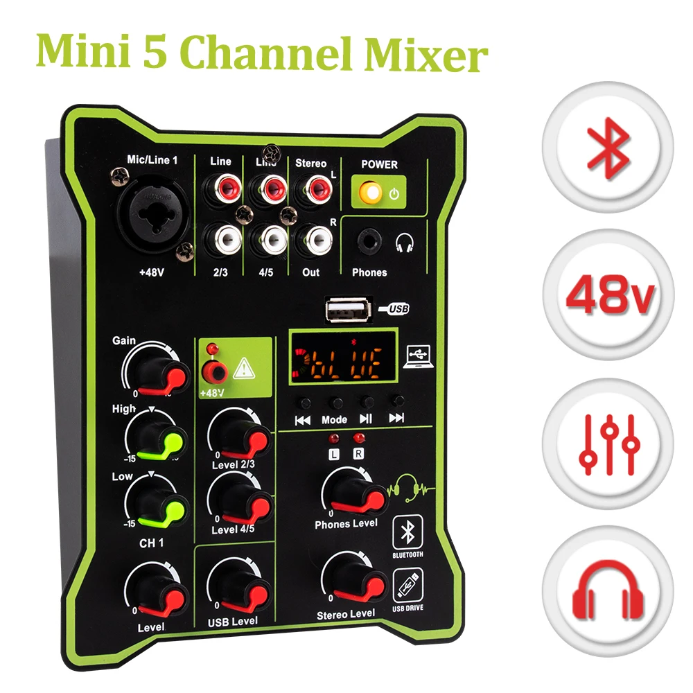 Professional 5 Channel Mixer USB Bluetooth mixer high and low DJ multi-function mixer computer stage recording mini sound table