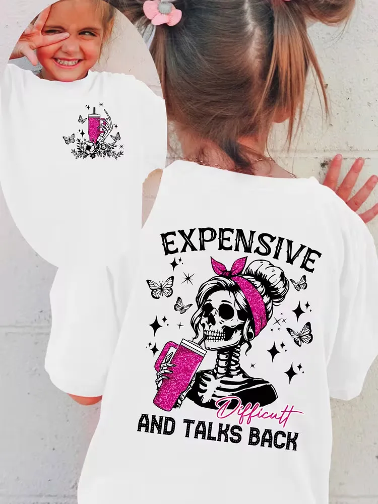Halloween Fashion Girls Short-Sleeved T-Shirt EXPENSIVE AND TALKS BACK Skull Holding Pink Cup Element Double-Sided Versatile Top