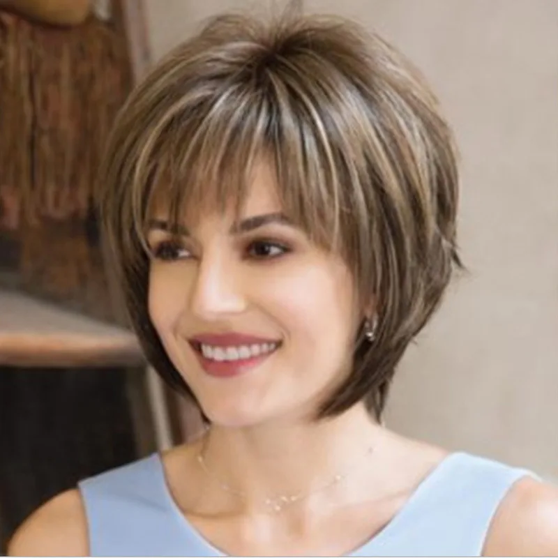 Damenmode-Perücke, trendige gemischte Farben, kurzes Haar, flauschige und realistische kurze glatte Haarperücke, flauschige Kurzhaarperücke.