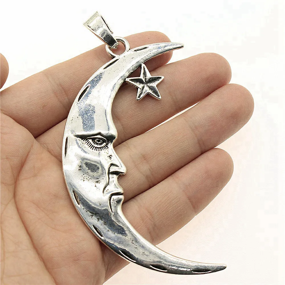 1pcs/lot 89x50mm Large Moon And Star Charms For Jewelry Making Antique Silver Color 3.5x1.97inch