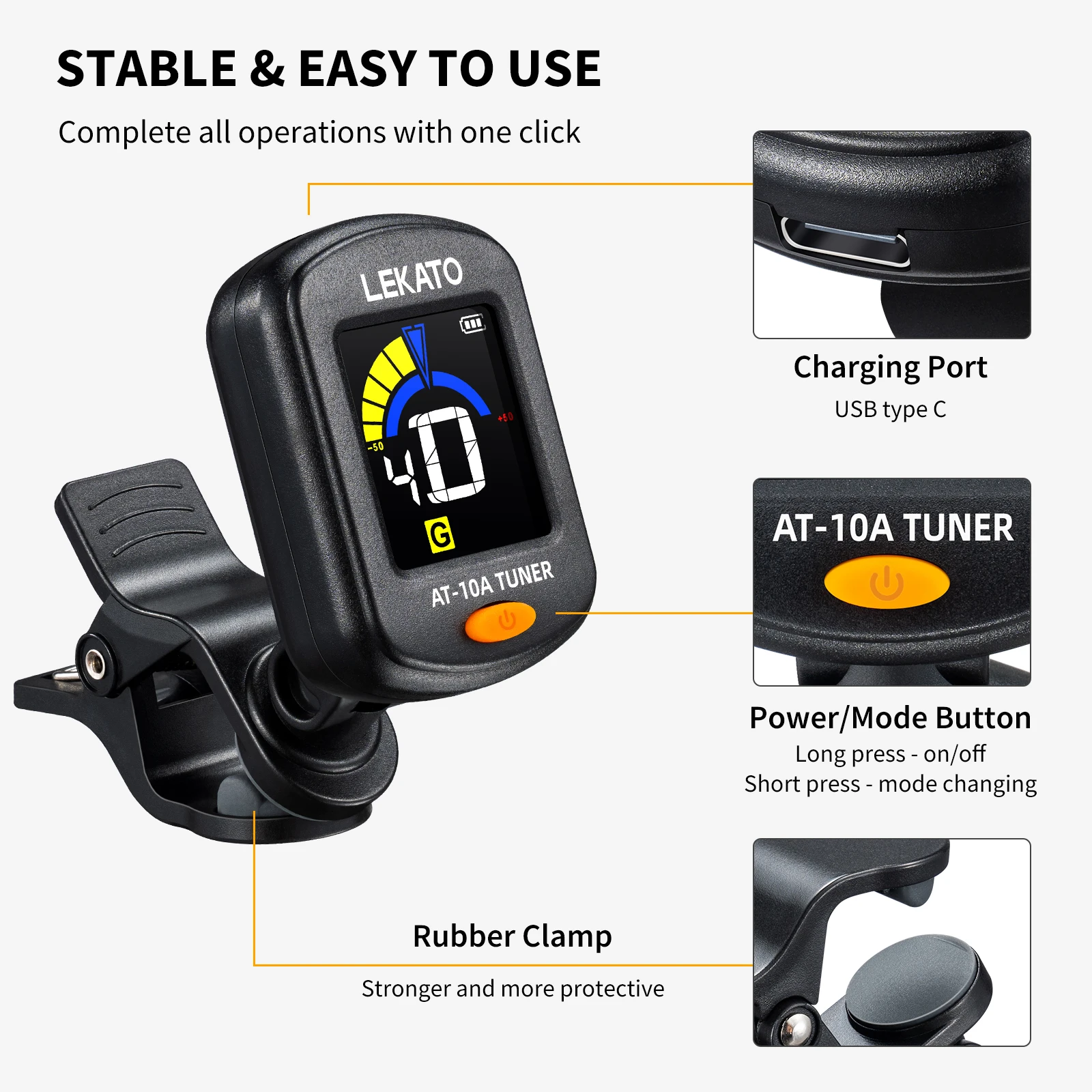 Lekato Usb-C Rechargeable Clip Tuner for Stringed Instruments, Compact & Lightweight,lcd Color Screen,silicone Grip Scratchproof