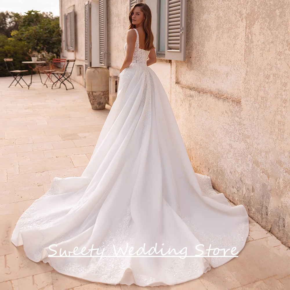 Sparkling Wedding Dress Customized Sleeveless Square Neck Beading Sequined Applique Court Train Woman Bridal Gowns