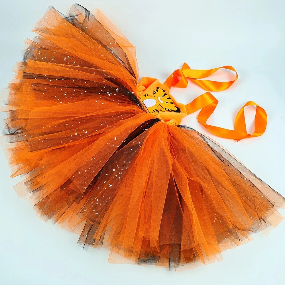 Halloween Tiger Pattern Tulle Dress Set For Girls Puffy Mesh Tutu Skirt Children Stage Performance Outfit With Animal Headband