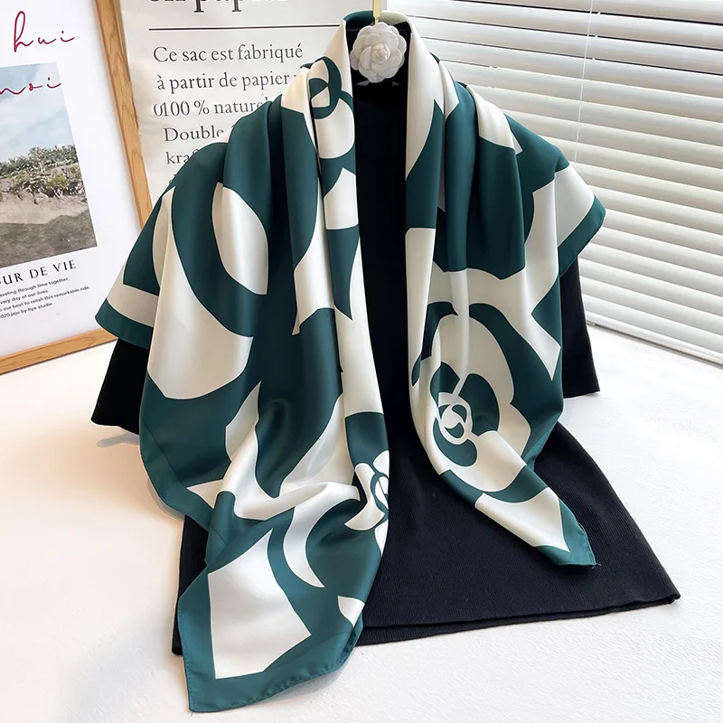 Korean 2024 Luxury Brand 90x90cm Square Scarf Women Flower Print Silk Beach Foulard Bandana Wrap Shawl Scarves Headbands Tie Bag