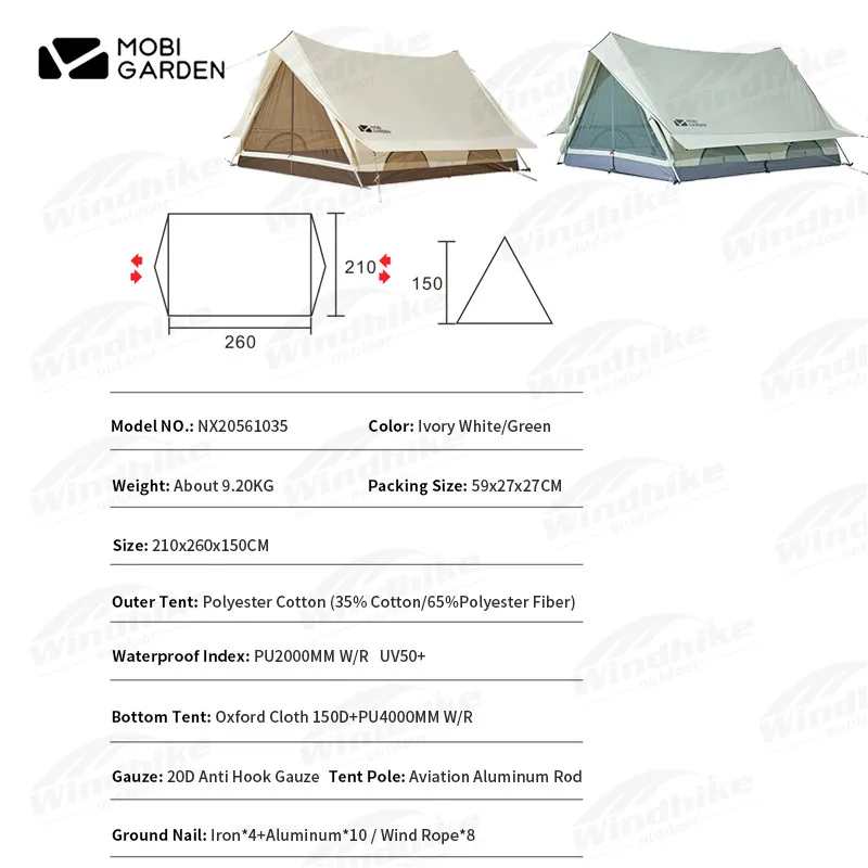 MOBI GARDEN 캠핑 코튼 리지 텐트, 150 시대 방수 PU4000mm 내마모성 텐트, 이중 문짝 야외 2-3 인용 UV50 +
