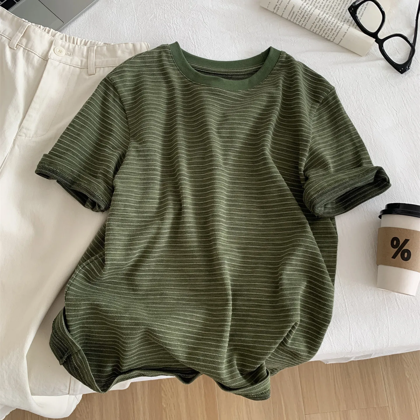 

Unisex Pure Cotton Striped Short Sleeve T-Shirt Outlet Summer Collection Trendy Commute Style round Neck Sweat Absorbent Cotton