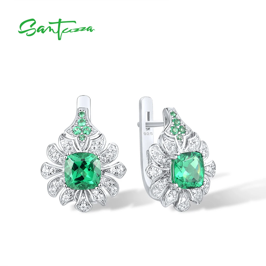 

SANTUZZA Silver Earrings For Women 925 Sterling Silver Sparkling Square Green Spinel White CZ Flower Gorgeous Party Fine Jewelry
