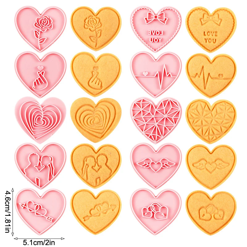 10 piezas de bonitos cortadores de galletas para el Día de San Valentín, sellos de plástico con forma de corazón rosa para galletas, molde para galletas, juego de moldes para galletas para amantes de la prensa