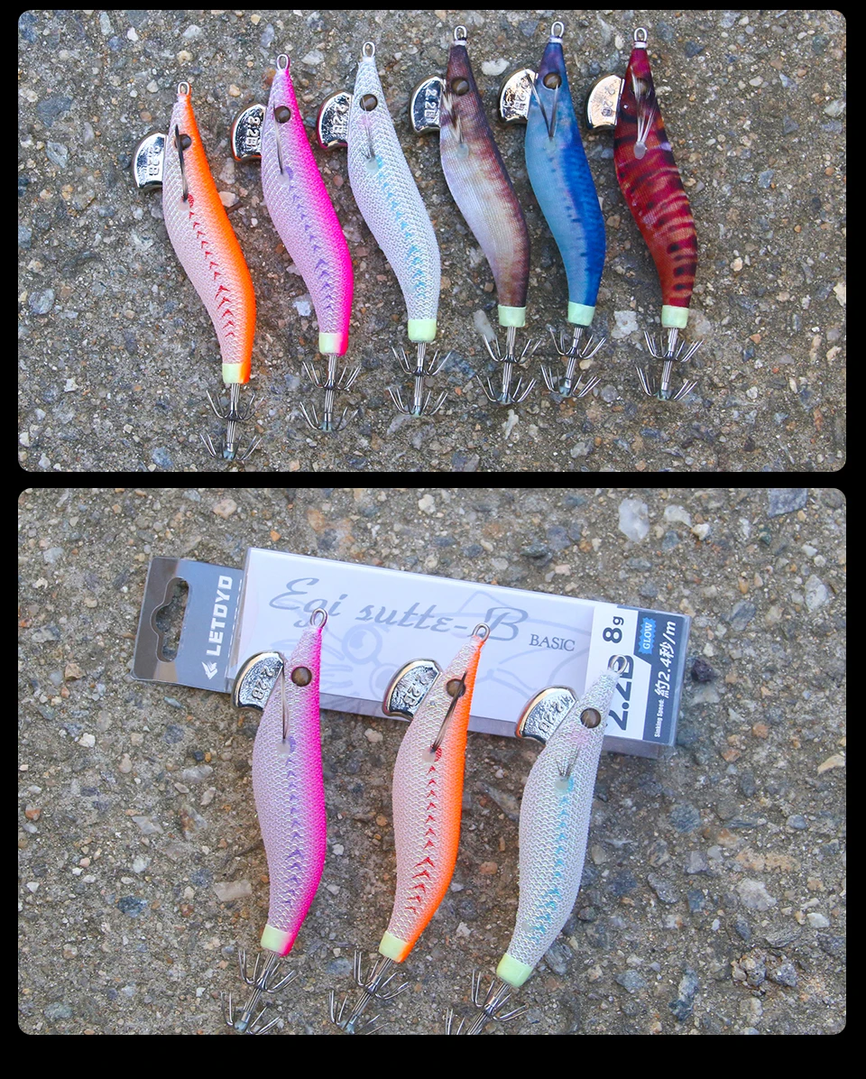 LETOYO Mini Egi Tintenfisch-Köder 1.8 # -2.5 # Leuchtender Tintenfisch-Jig aus Holz, Garnelenhaken für den Fang von Tintenfischern und Oktopusen. – Detail 15
