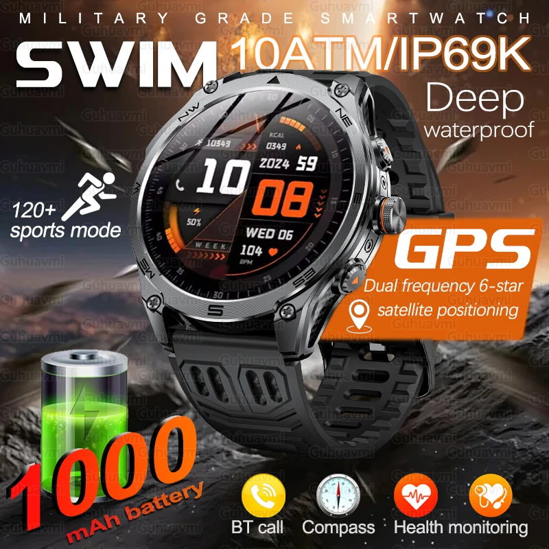 

Dual-Band GPS Military Smart Watch 10ATM Waterproof 1000mAh Battery Compass Altimeter LED Flashlight Call Smartwatch For HUAWEI