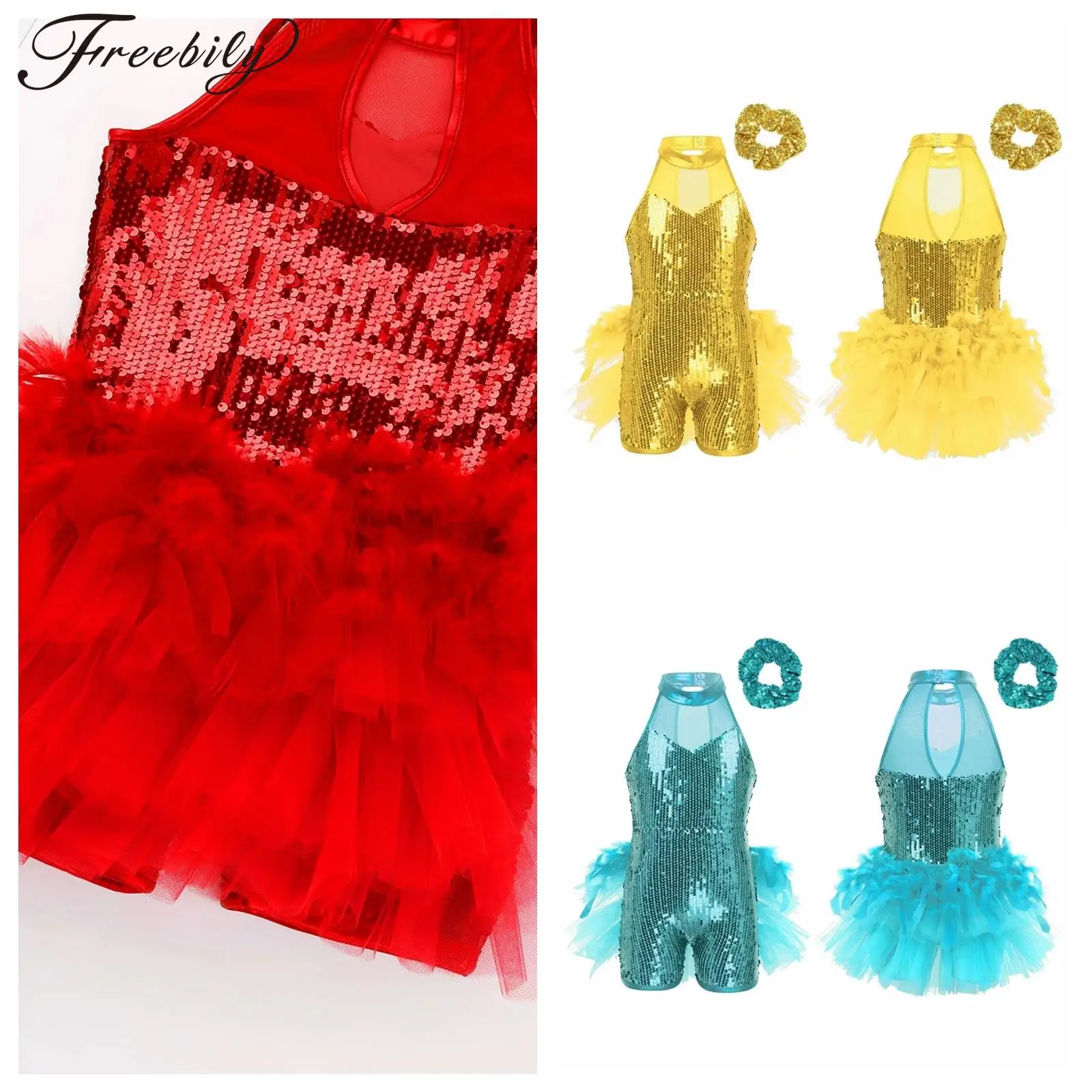 

Kids Girls Sleeveless Sequins Jumpsuit Latin Jazz Ballet Dance Costume Romper Mock Neck Shorty Unitards Performance Dancewear