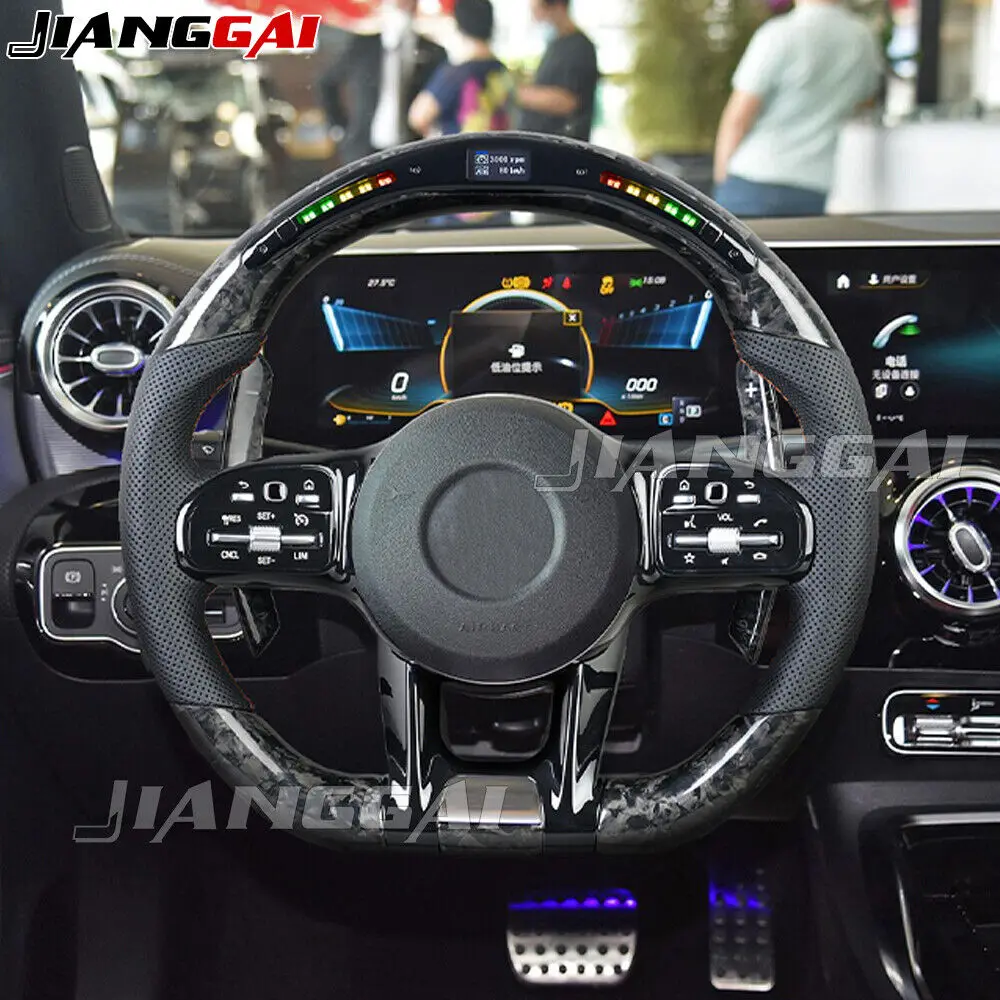 

HandMade LED Forged Carbon Fiber Car Sports Steering Wheel Fit For Mercedes-Benz E C CLASS C63 E63 W205 Accessories Leather