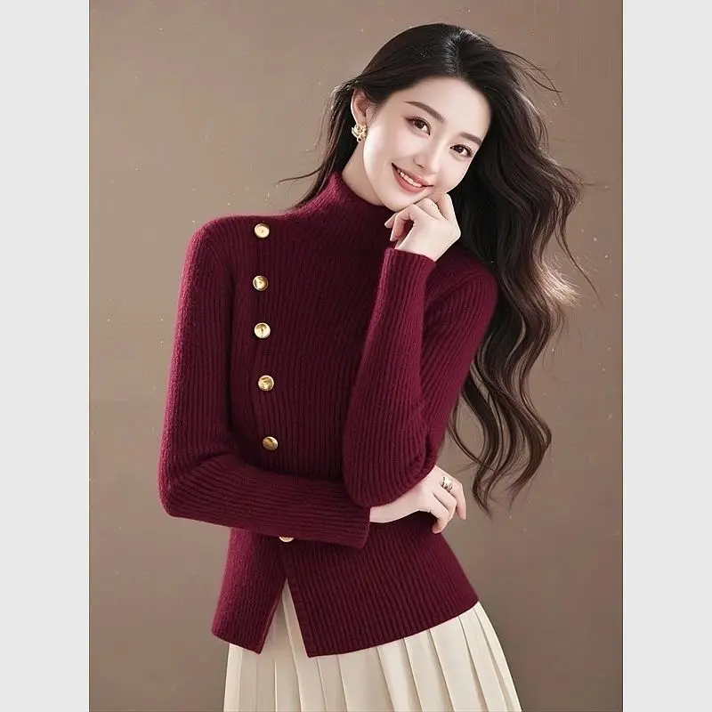 Suéter de punto de cuello alto color burdeos para mujer, Tops franceses Retro elegantes reductores de edad para otoño e invierno