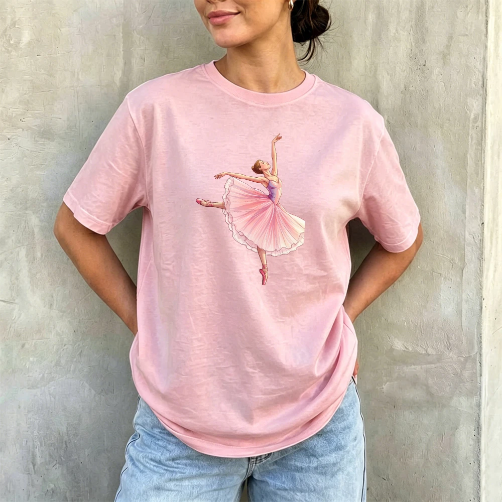 Elegant Pink Ballerina Dance Silhouette Women Summer Cotton T Shirt Grace Ballet Minimal Girly Graphic Tee