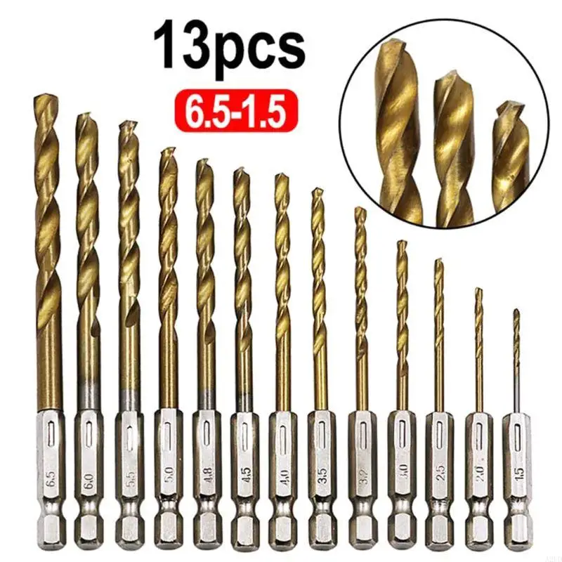 A2UD 13PCS/SET 1,5-6,5 мм HSS Высокоскоростная сталь для титанового покрытия 1/4 шестнадцатеричного хвостовика