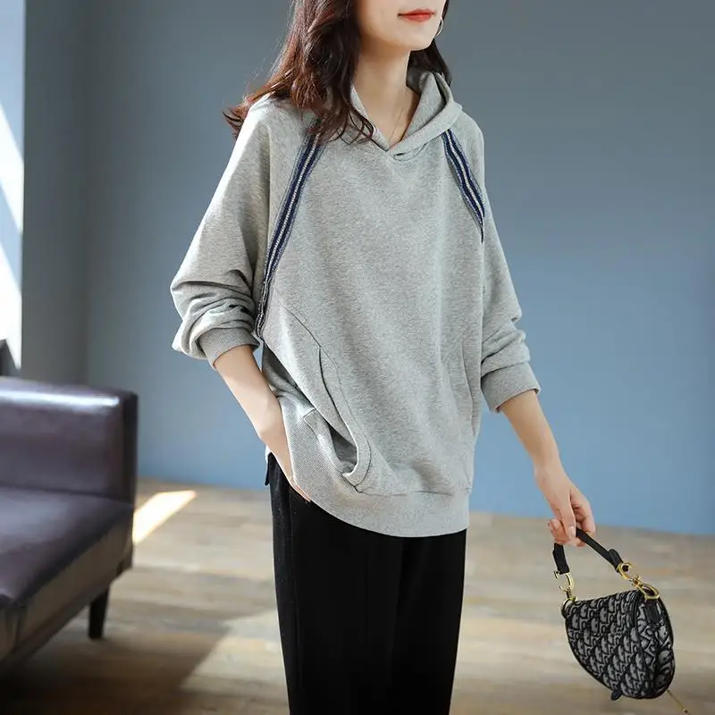 

Splicing Hoodies Baggy Loose Female Top Spring and Autumn Women's Hooded Sweatshirts Grey High Quality Matching Cotton Aesthetic