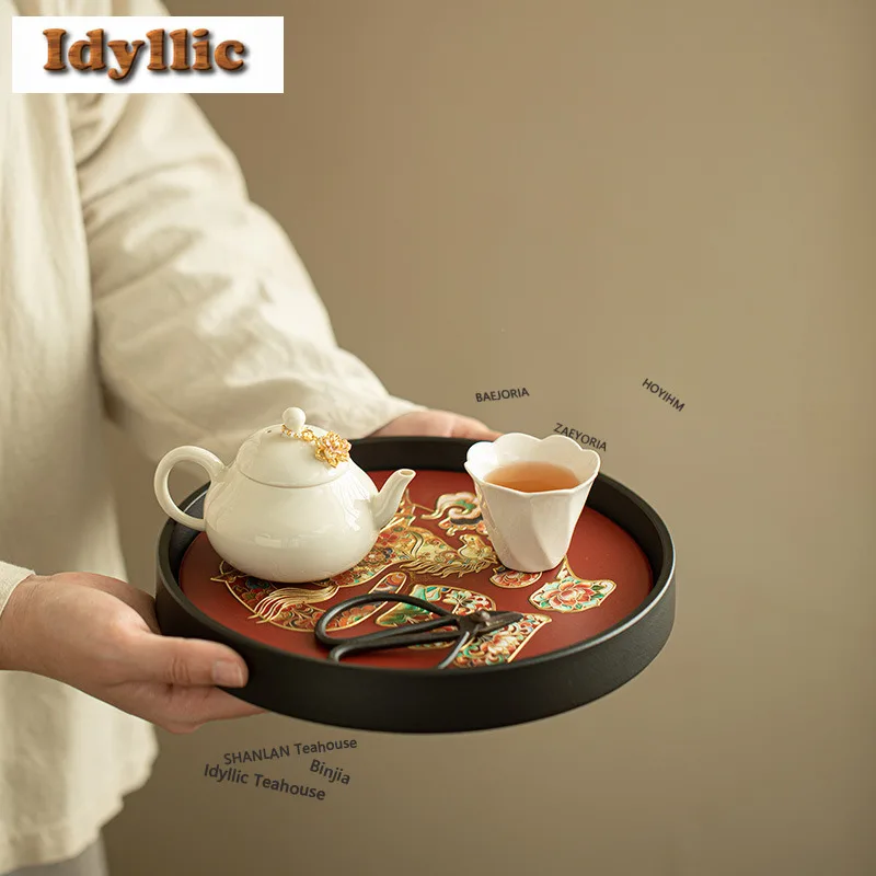 Gold Stamp Round Round Tea Tray Dessert Candy Tray Coffee Storage Board Teapot Mat Dishes For Serving Tea Services Accessories