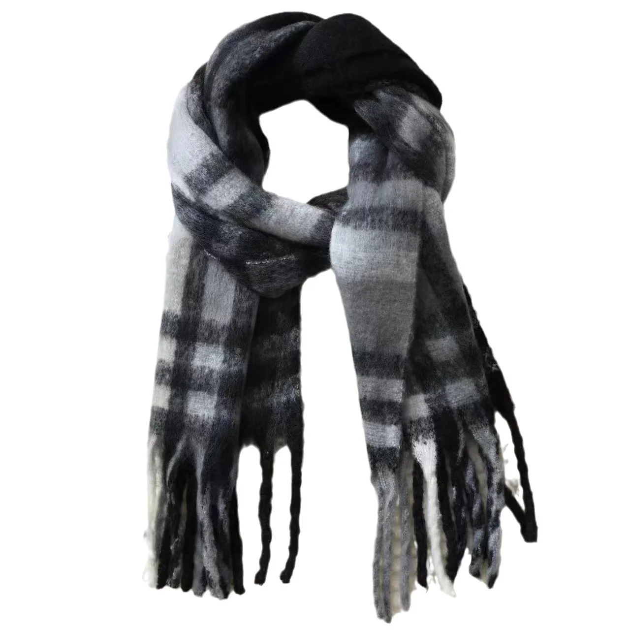 Women Winter Mohair Plaid Scarf Cashmere Scarves Soft Shawl Wrap Chequered Scarves Necks Warm Long Tassel Furry Neck Warmer