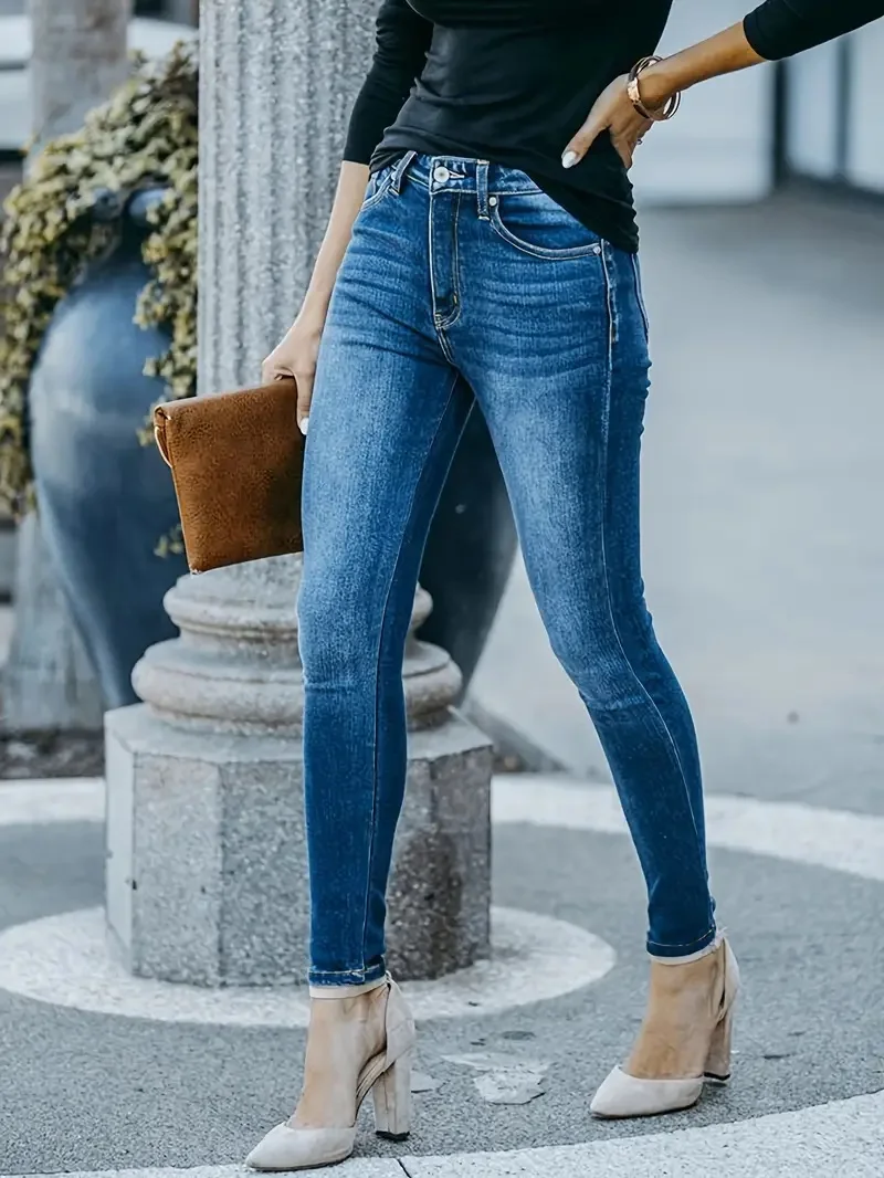 Women Stretch Pencil Jeans Lady Skinny Vintage Blue Jeans Girls Slim Fit Leggings Straight Narrow Leg Denim Pants Long Trousers