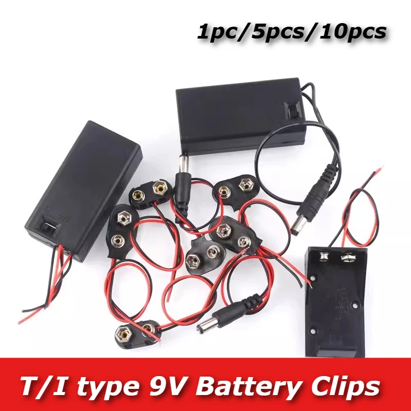 1/5/10pcs T Type 9V Battery Clips 2 Wired Cable Connection Connector Buckle I Type 9 Volt Battery Clip Connector Battery Holder