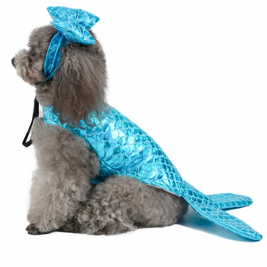 Halloween Pet Mermaid Costume Shiny Scale Fish Tail Cosplay Outfit with Bow Hat for Small Dogs Cats Party Dress Up