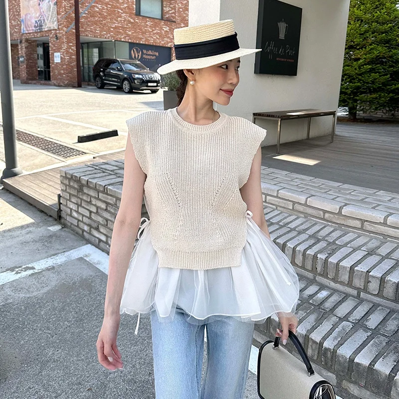 طقم ملابس صيفي نسائي عصري من قماش شبكي محبوك بدون أكمام مع تنورة وحزام بتصميم كوري وواسع وياقة دائرية #2