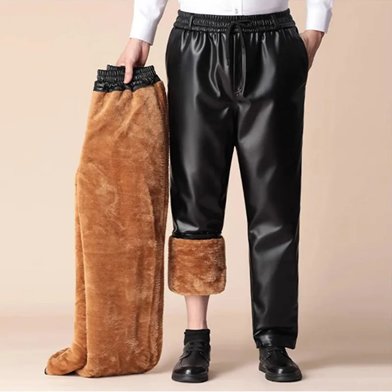 Extra Thick Velvet Men's Warm Leather Trousers Cycling Windproof Waterproof Highly Elastic Male Cotton Pants Plus Size 5XL