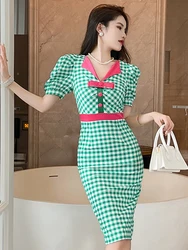Fashion Retro Dress Women's Sweet Contrast Plaid High Waist Bodycon Midi Robe Femme Party Dating Vestidos Mujer Street Clothes
