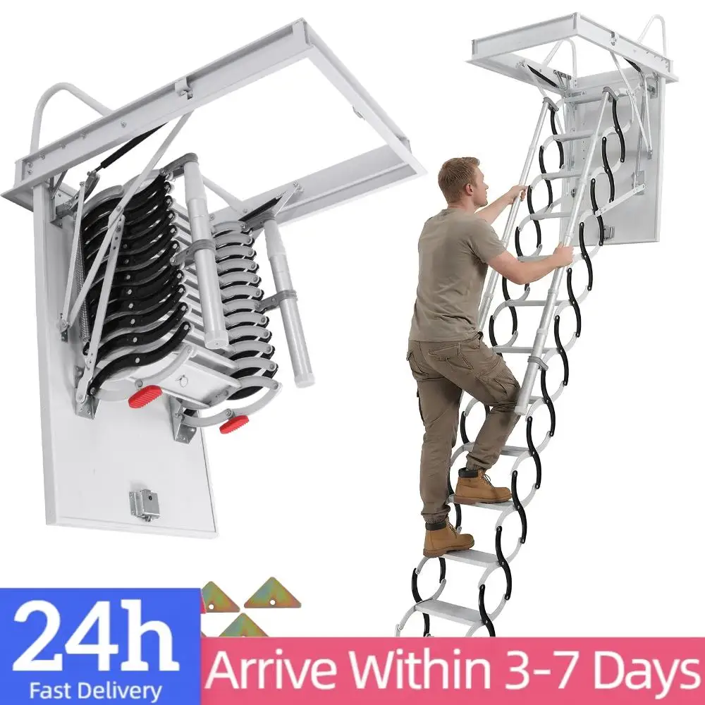 

Ceiling Mounted Attic Ladder with Handrails Retractable Ceil Stairs 660LBS Capacity Pull Down System for Garages/Roofs/Basements