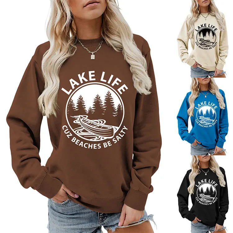 Autumn new women's long-sleeved T-shirt hoodie lake life cuz beaches be salty printed loose casual crew-neck top with all fashio