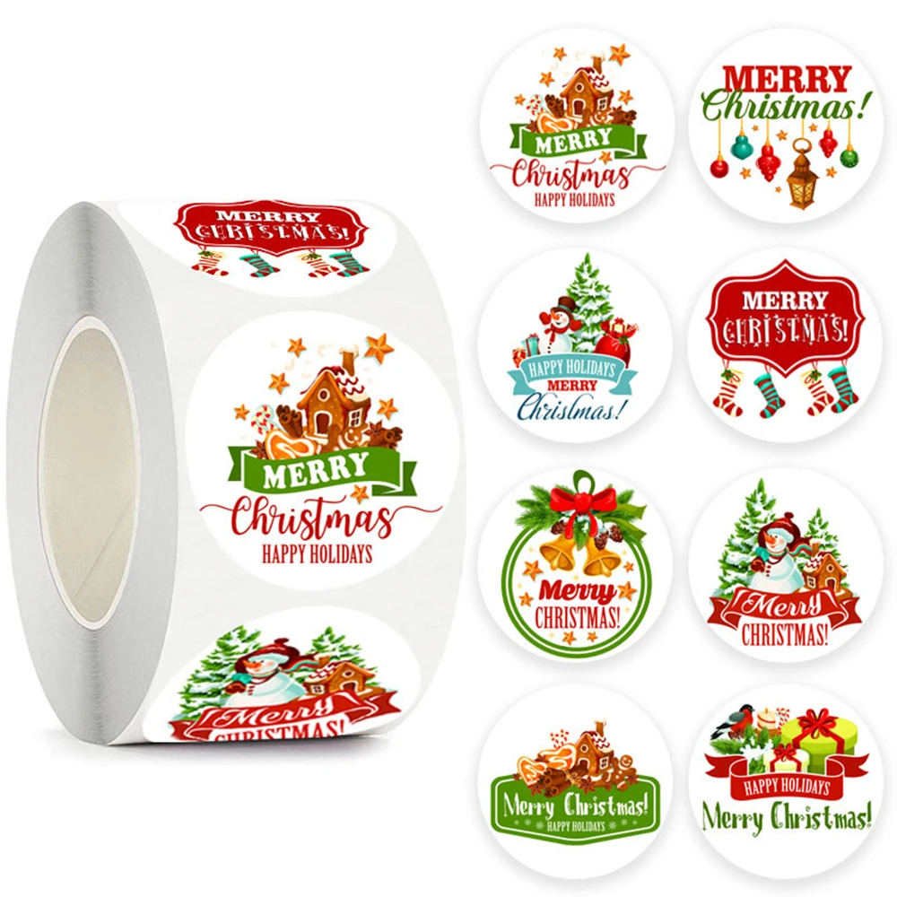 50-500Pcs Merry Christmas Sticker For Envelope, Round Adhesive Decoration Sticker For Cards Envelope Seal Xmas Gift Wrap Box Bag