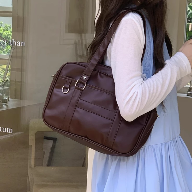 Japan Style College Shoulder Tote Bags for Women Simple Girls JK Uniform Crossbody Bag PU Leather Large Capacity Ladies Handbags