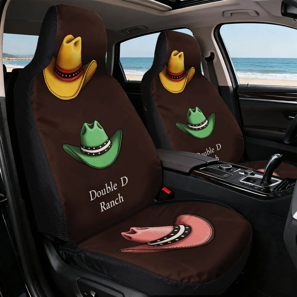Two-Dimensional Printed Car Seat Covers Featuring A Vibrant Cowboy Hat Design, Sold In Pairs, Suitable For All Seasons, And Comp