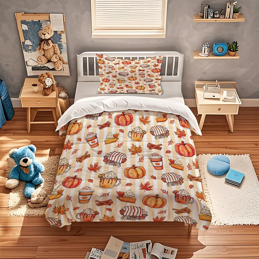 Striped Fall Pumpkin Spice Latte Duvet Cover Set Maple Leaf Pumpkin Pie Print Bedding Set Thanksgiving Autumn Harvest Decor