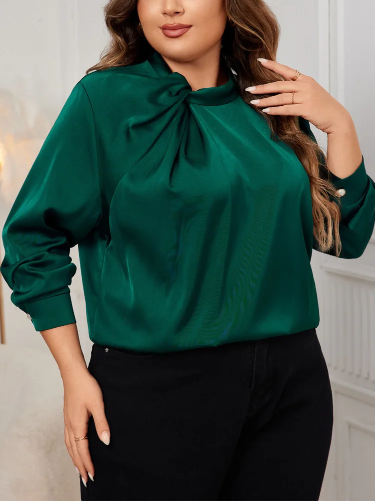 GIBSIE Plus Size Keyhole Long Sleeve Green Shirt Women Autumn New Solid Elegant Office Ladies Satin Tops And Blouses 2024