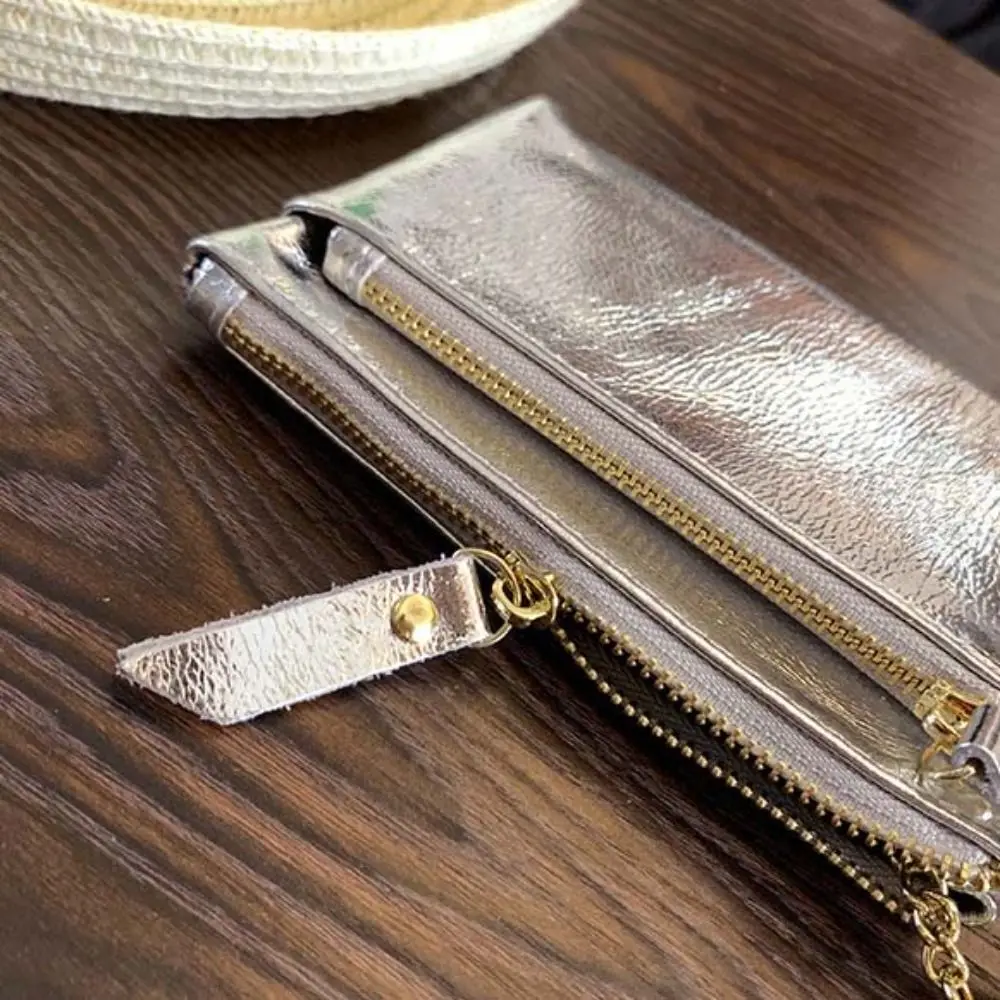 Simple Genuine Leather Silver Wallet Solid Color Korean Style Zipper Coin Purse Earphone Pouch Mini Small Item Bag Men